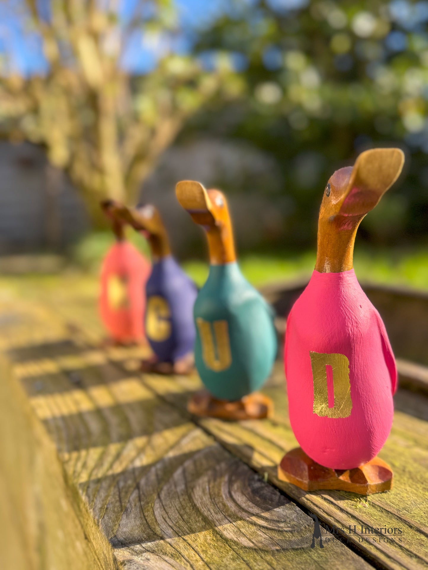 Initial gold leaf Ducklets - painted and personalised - Decorated Wooden Duck in Boots by Mrs H the Duck Lady