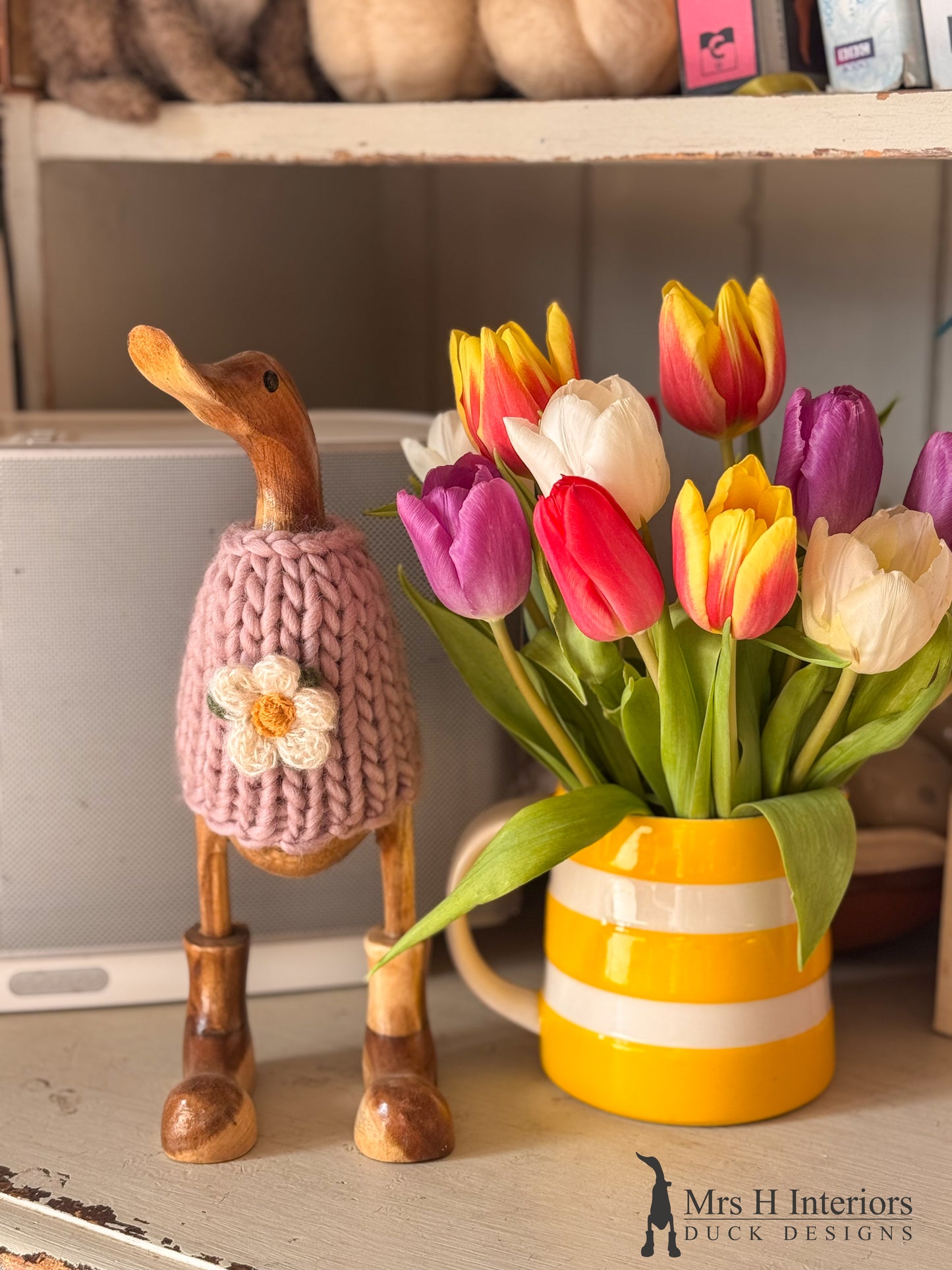 Daisy, the merino wool jumper wearing Wooden Duck in Boots by Mrs H the Duck Lady