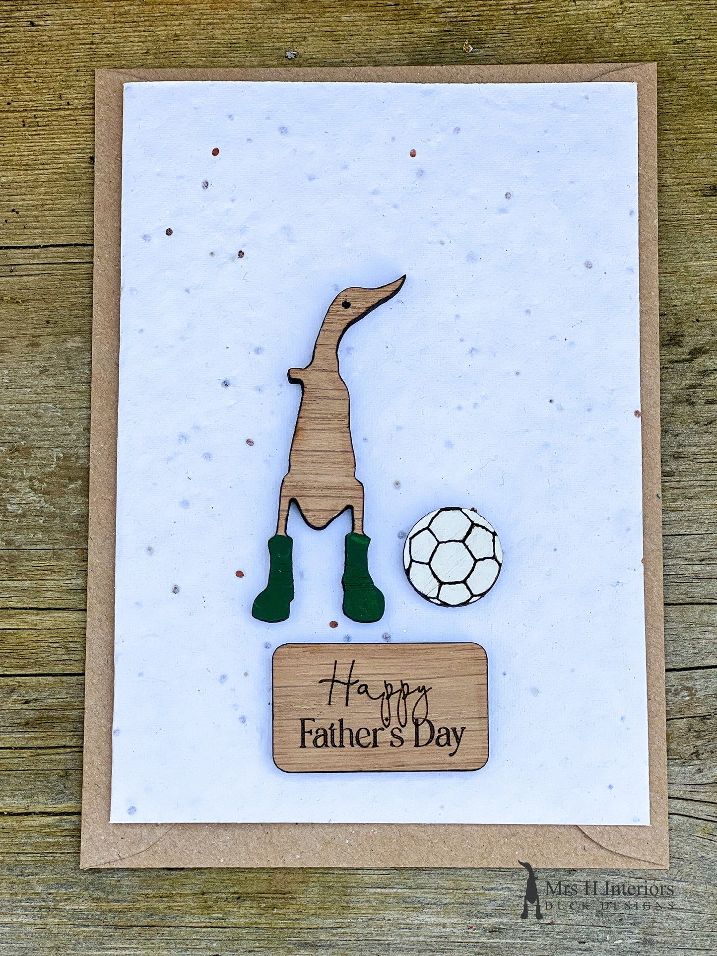 Football Birthday Card or Father’s Day Card - Handmade A6 Seed Paper Card with Decorated Wooden Duck in Oak by Mrs H the Duck Lady