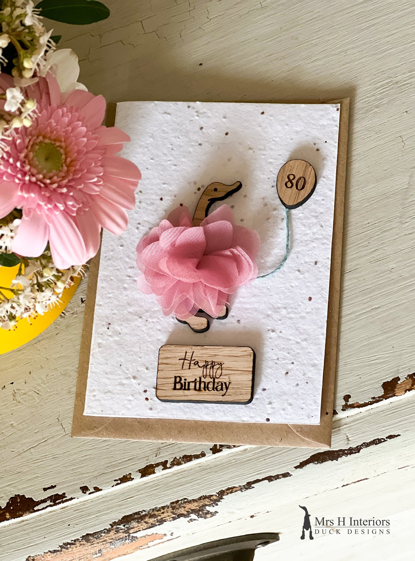 Happy Special Birthday Duck Tutu Card (Any Age) - Greetings Card - Decorated Wooden Duck in Boots by Mrs H the Duck Lady