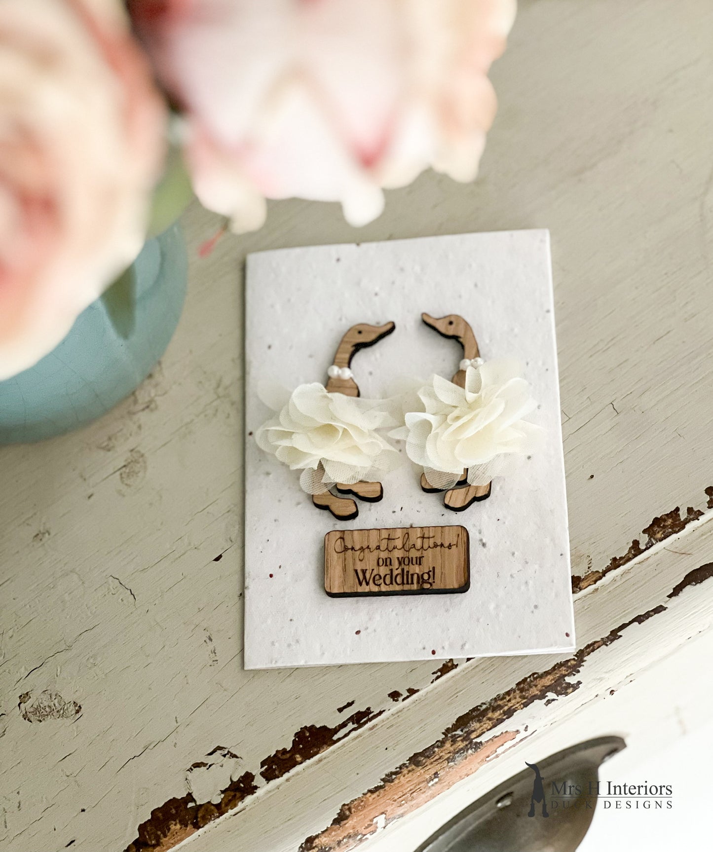 Congratulations on Your Wedding Card - Duck Wedding Couple - Decorated Wooden Duck in Boots by Mrs H the Duck Lady