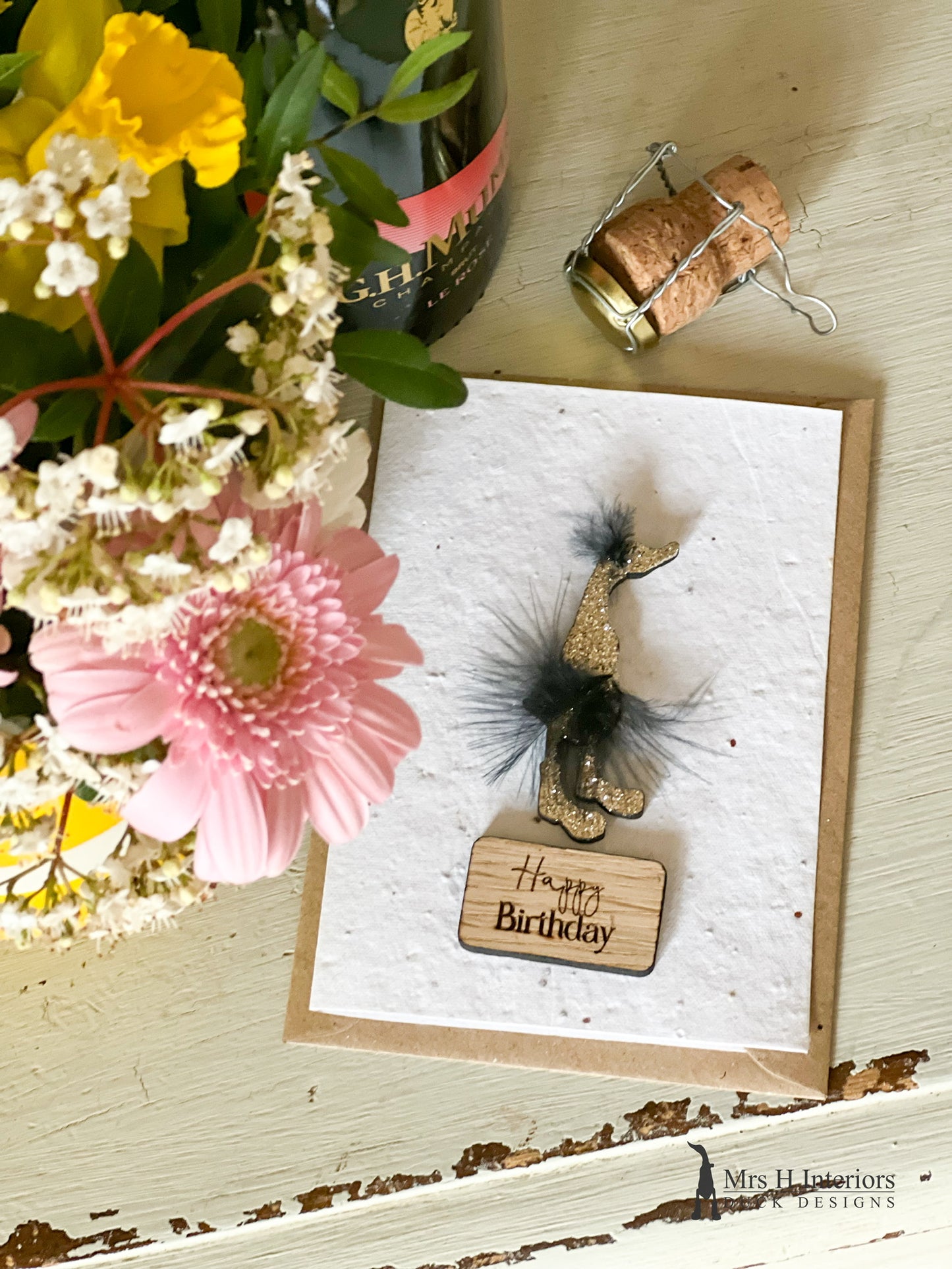 Happy Birthday - Special Birthday 40 - Greetings Card - Decorated Wooden Duck in Boots by Mrs H the Duck Lady