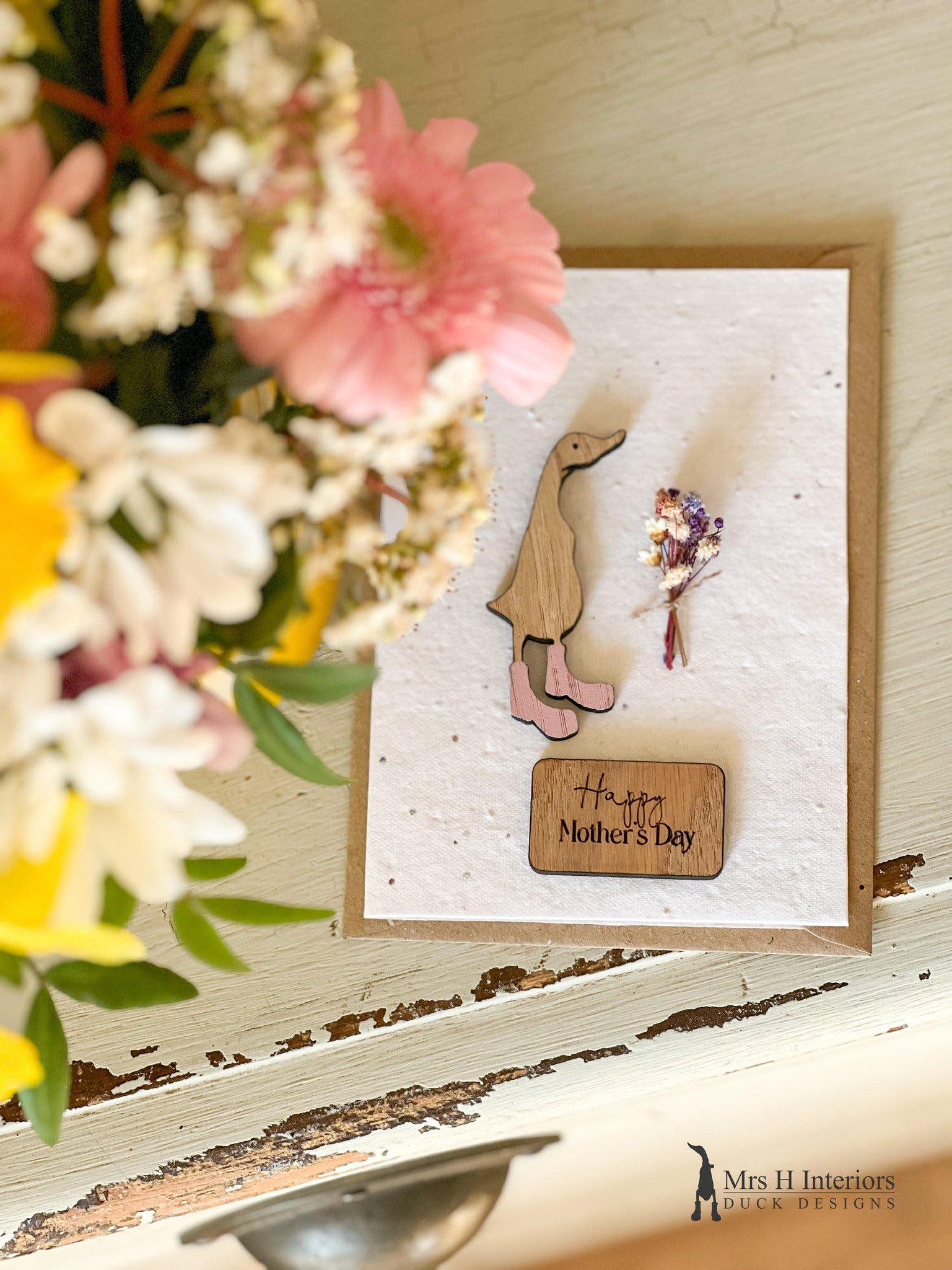 Happy Mother's Day - Duck with Flowers - Mother's Day Card - Decorated