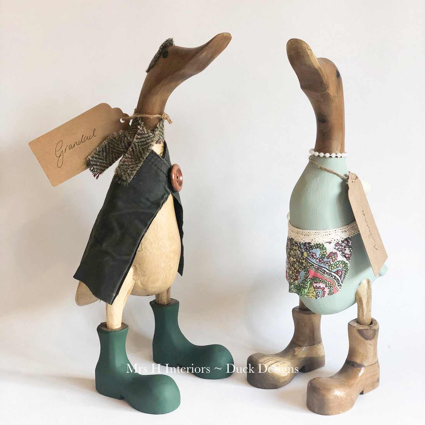 Granny & Grandpa Ducks - Decorated Wooden Ducks in Boots by Mrs H the Duck Lady