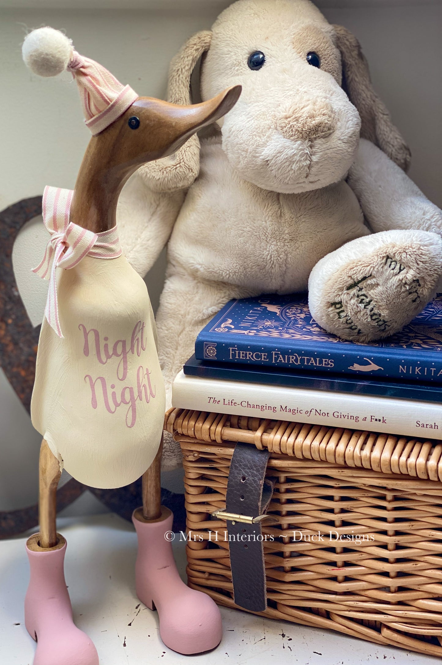 Night night - Decorated Wooden Duck in Boots by Mrs H the Duck Lady