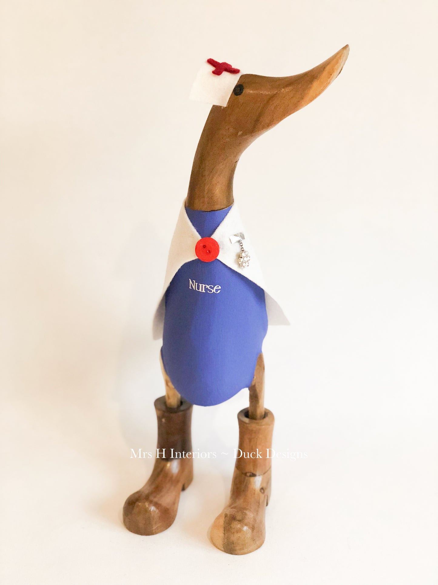 Ninny the vintage nurse - Decorated Wooden Duck in Boots by Mrs H the Duck Lady