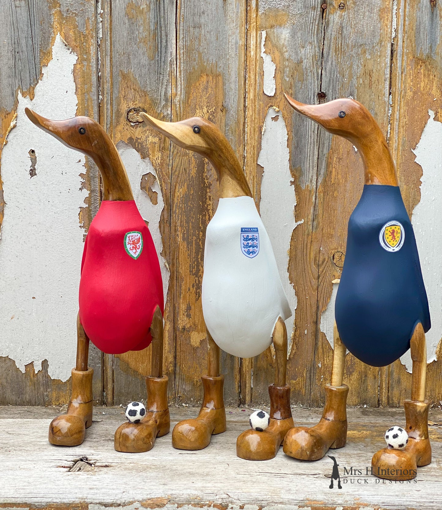 Football Fred - Decorated Wooden Duck in Boots by Mrs H the Duck Lady