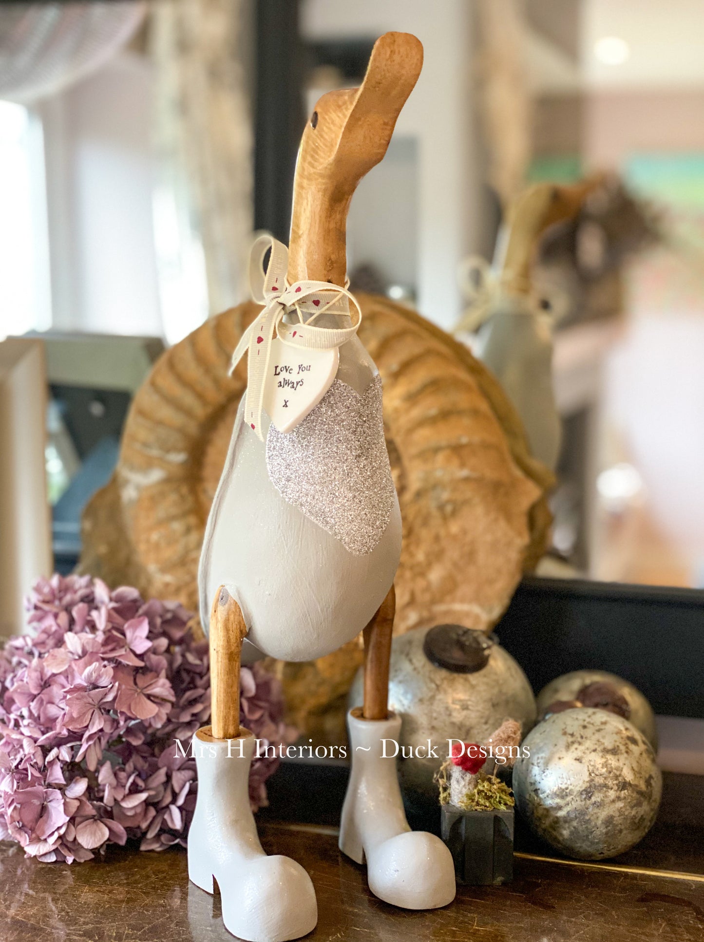 Sparkling heart - Decorated Wooden Duck in Boots by Mrs H the Duck Lady