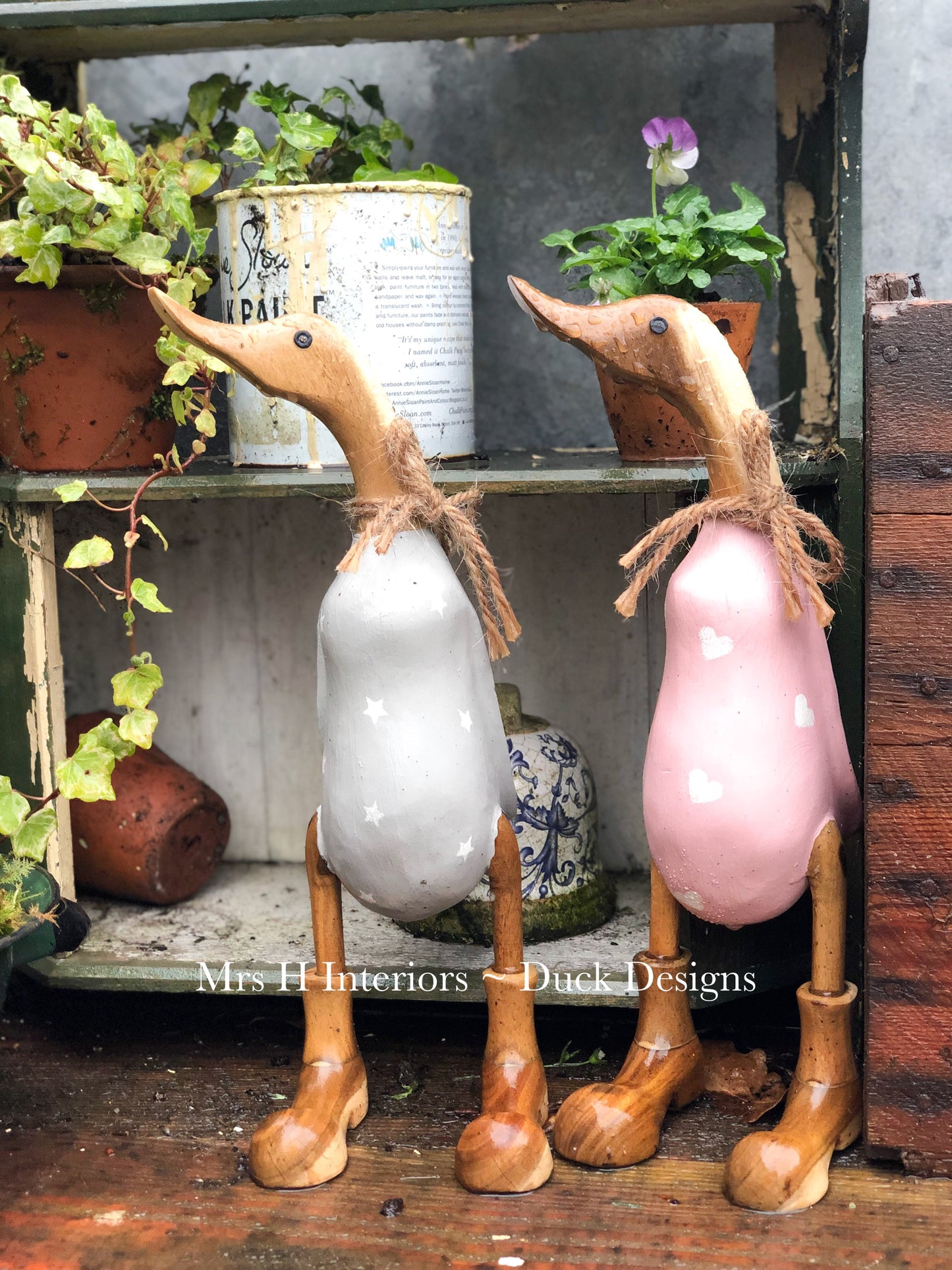 Grey Duck with Stars (Outdoor) - Decorated Wooden Duck in Boots by Mrs H the Duck Lady