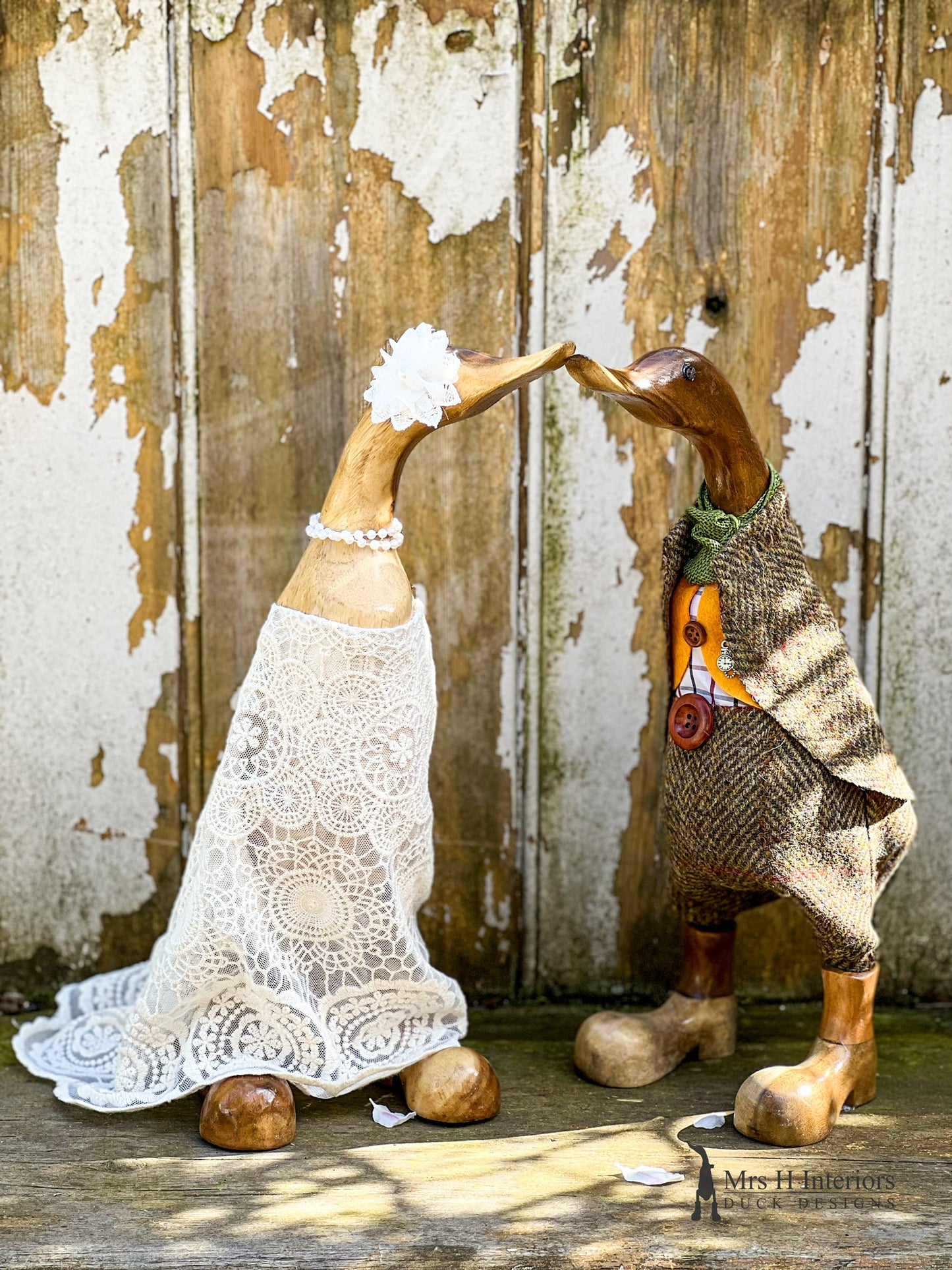 Bridal Couple - Vintage Style Wedding Pair Harris Tweed Groom - Decorated Wooden Duck in Boots by Mrs H the Duck Lady