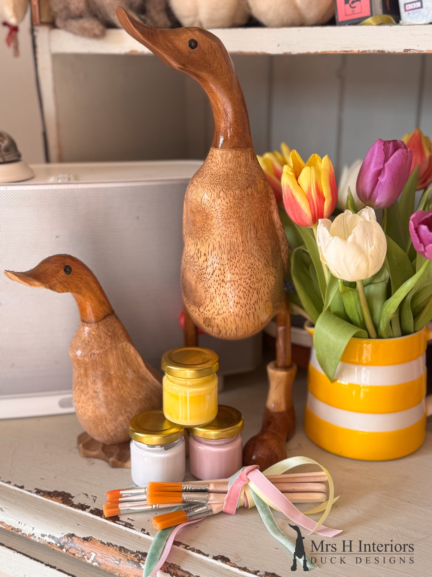 The gift of time, painting craft kit. Duck - Decorated Wooden Duck in Boots by Mrs H the Duck Lady