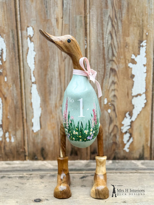 Flower meadow garden hand painted Wooden Duck in Boots by Mrs H the Duck Lady. Suitable for outdoor use.