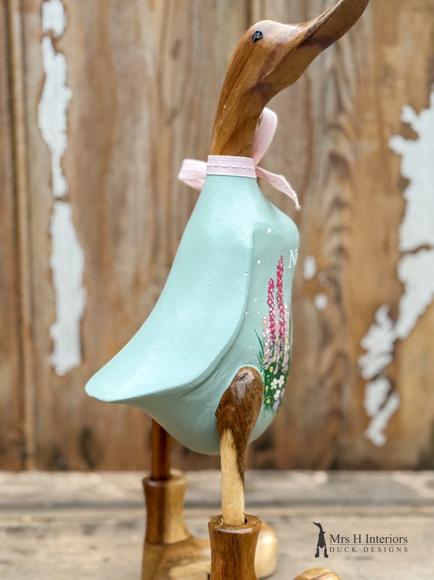 Flower meadow garden hand painted Wooden Duck in Boots by Mrs H the Duck Lady. Suitable for outdoor use.