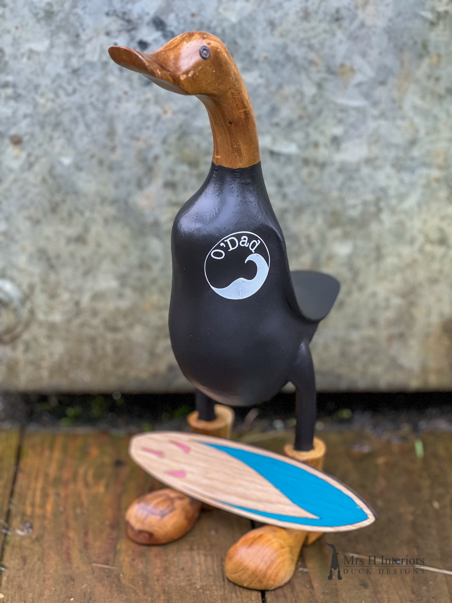 Surfer Sam, hand painted with surf board Wooden Duck in Boots by Mrs H the Duck Lady