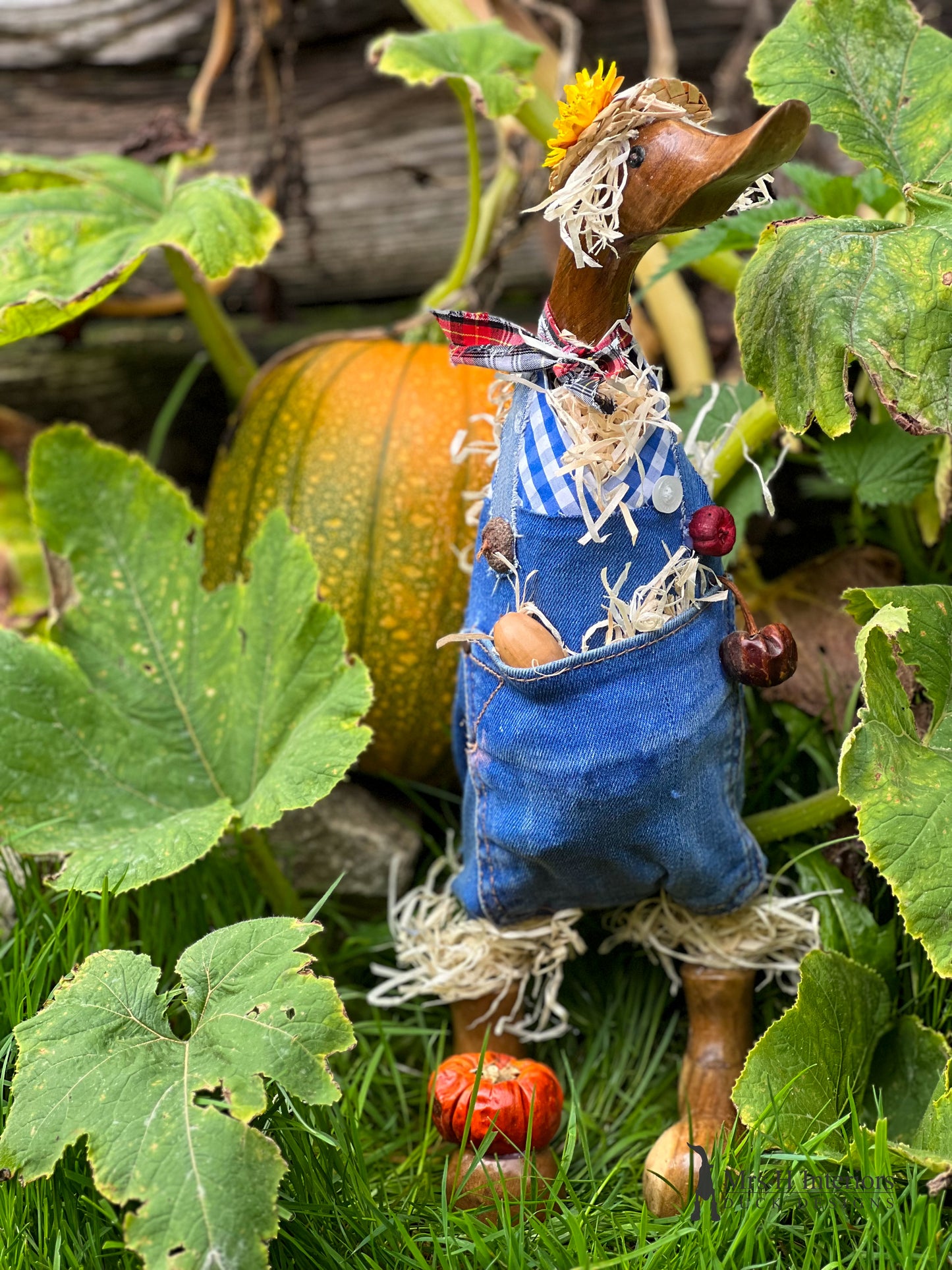 Sally scarecrow Decorated Wooden Duck in Boots by Mrs H the Duck Lady