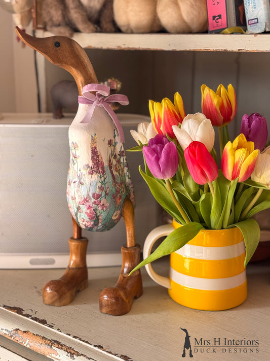 Devon the vintage floral decorated Wooden Duck in Boots by Mrs H the Duck Lady