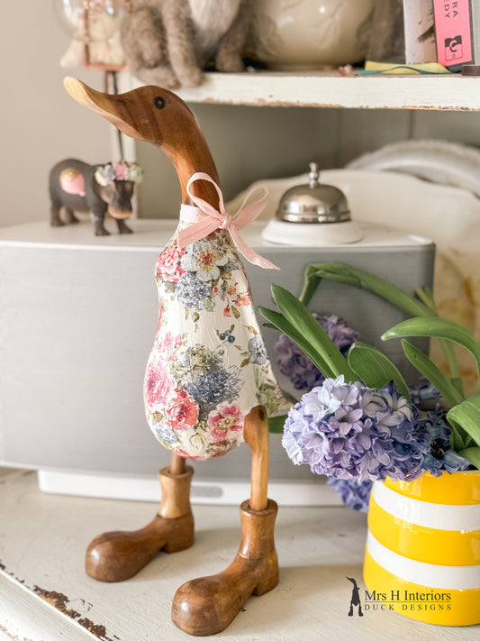 Rosie the vintage floral decorated Wooden Duck in Boots by Mrs H the Duck Lady