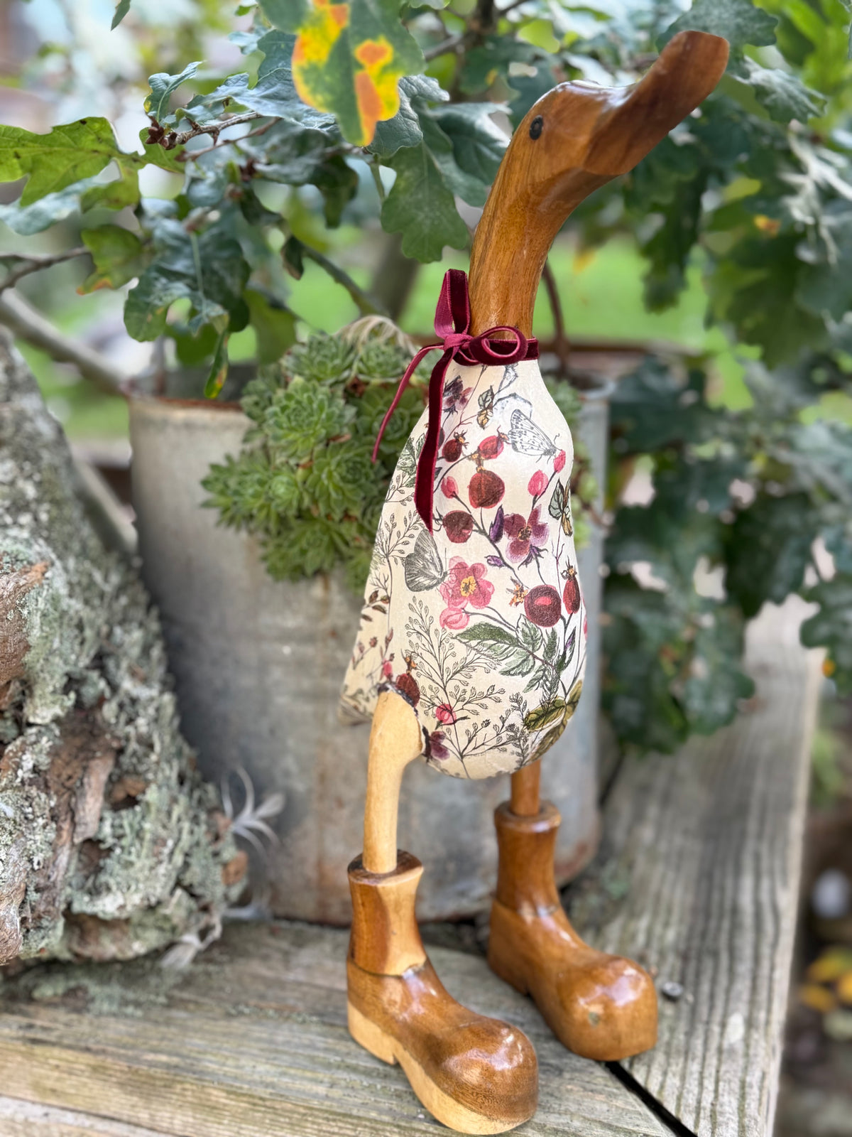 Ruthie the autumnal hedgerow duck  - Decorated Wooden Duck in Boots by Mrs H the Duck Lady