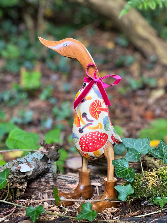 Mandy mushroom, fungi and fun-times autumnal Decorated Wooden Duck in Boots by Mrs H the Duck Lady