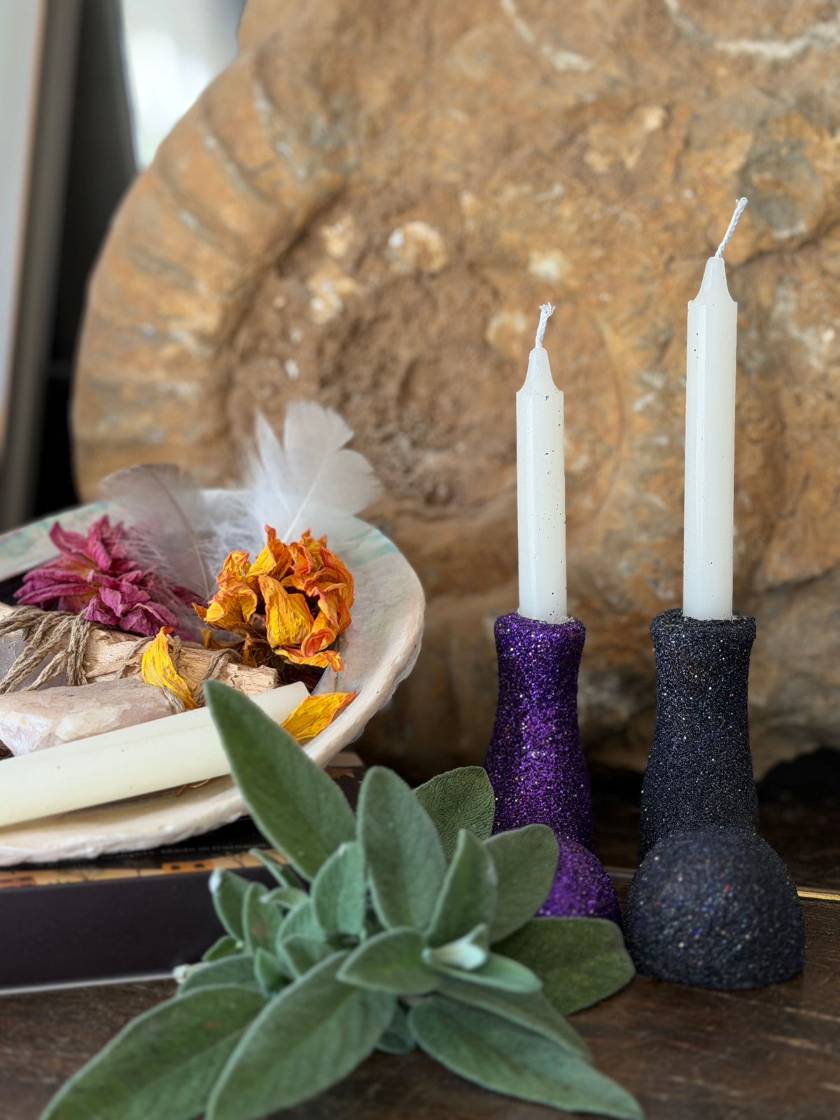Decorative Halloween Candle holder. Glitter covered wooden boot candle holder.