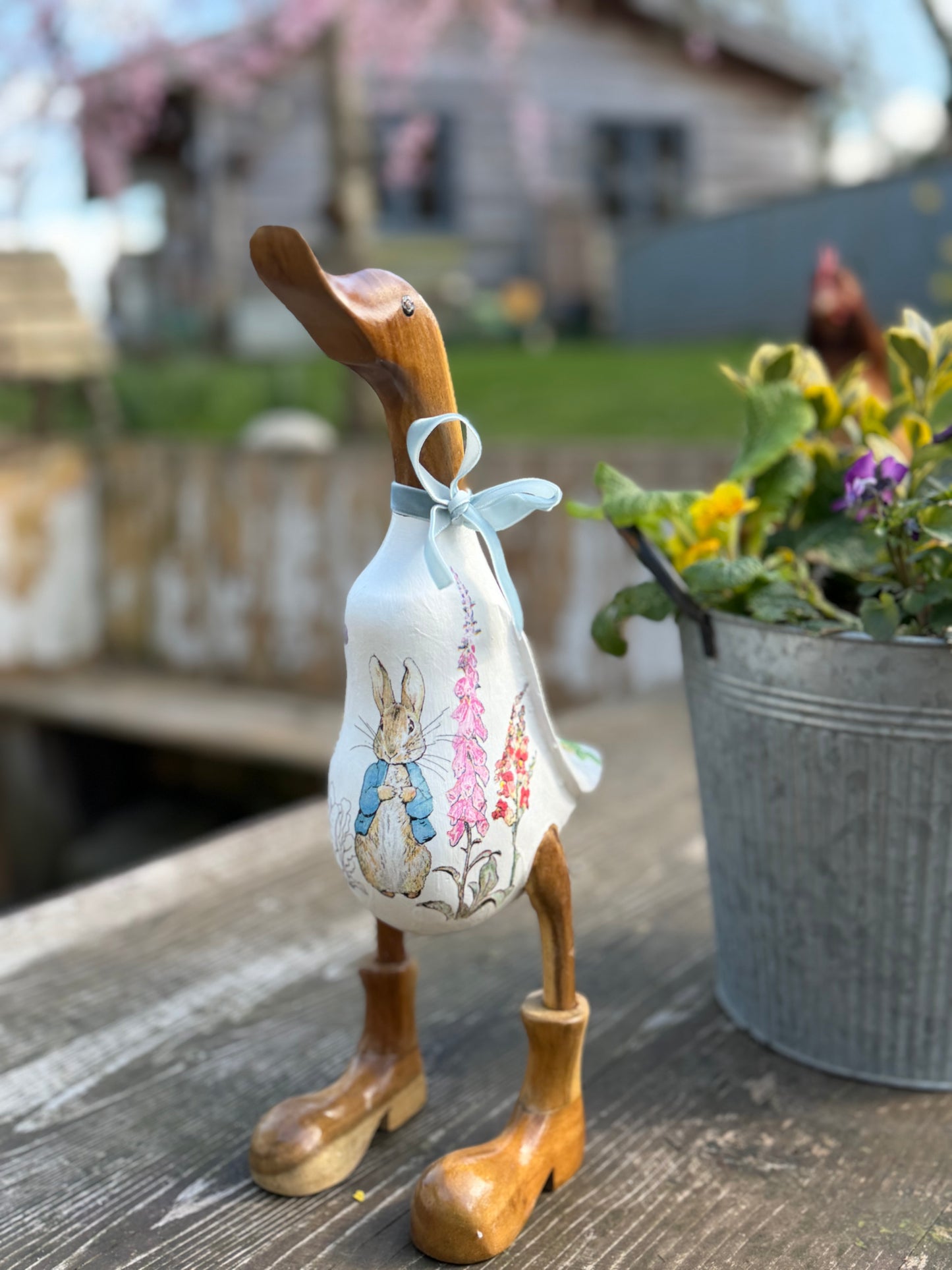 Peter the quintessential British chap, decorated Wooden Duck in Boots by Mrs H the Duck Lady
