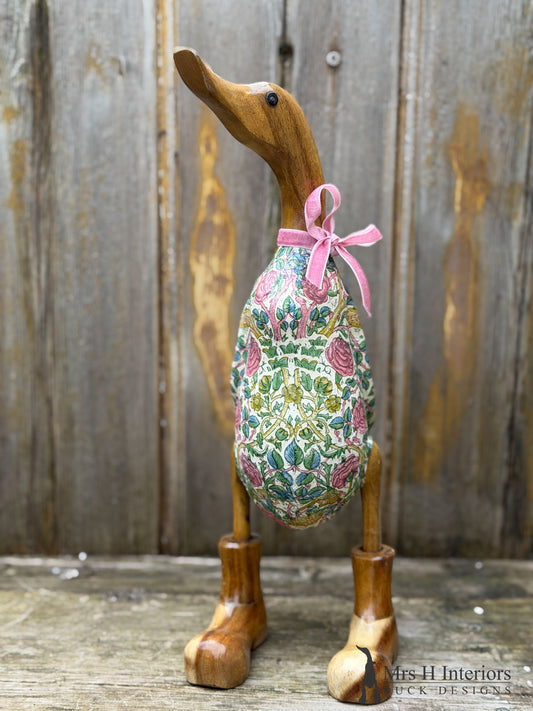 Rosie, vintage floral decorated Wooden Duck in Boots by Mrs H the Duck Lady