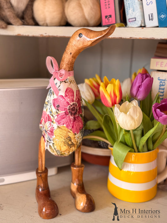 Betty the vintage floral decorated Wooden Duck in Boots by Mrs H the Duck Lady