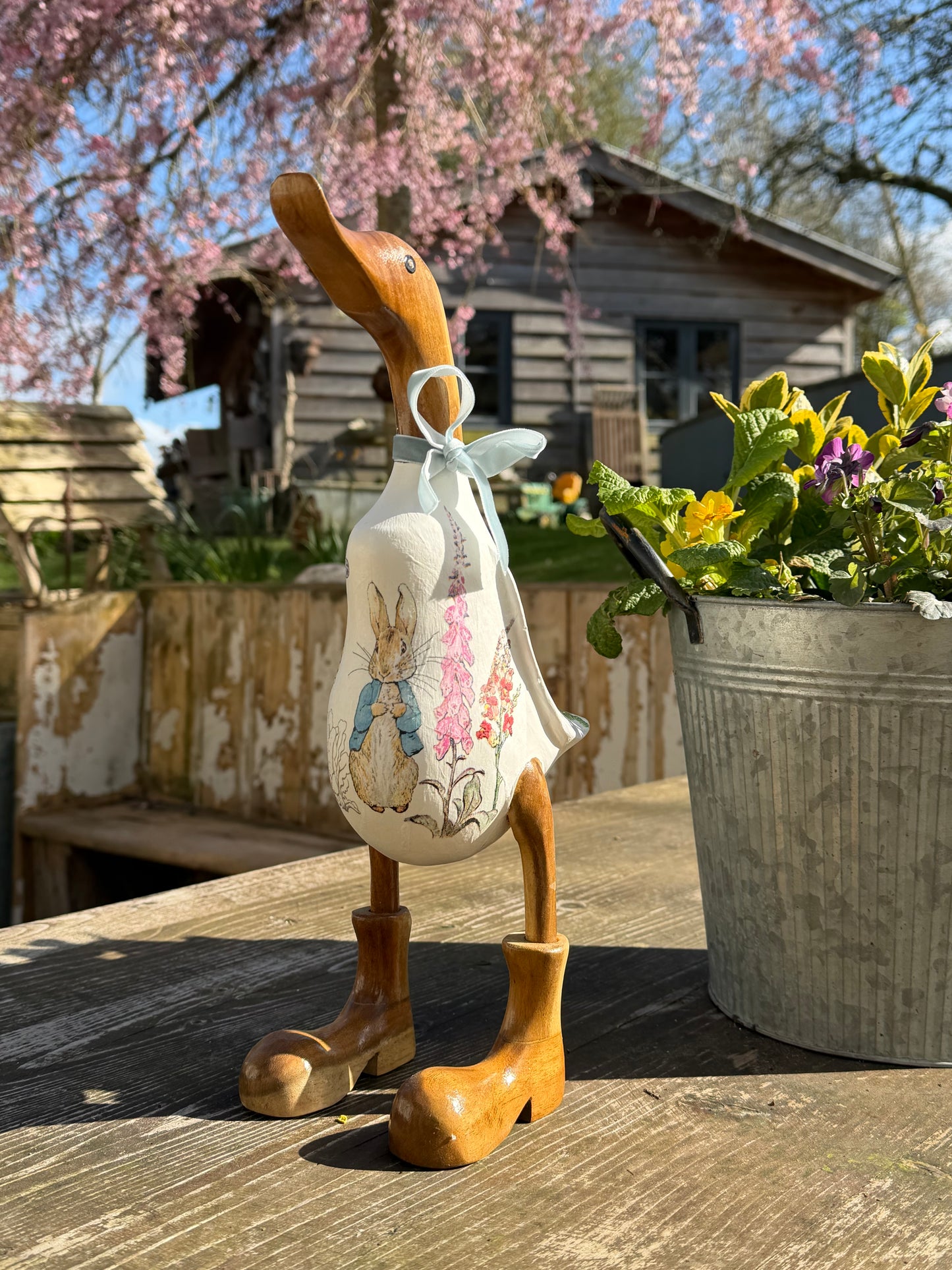 Peter the quintessential British chap, decorated Wooden Duck in Boots by Mrs H the Duck Lady