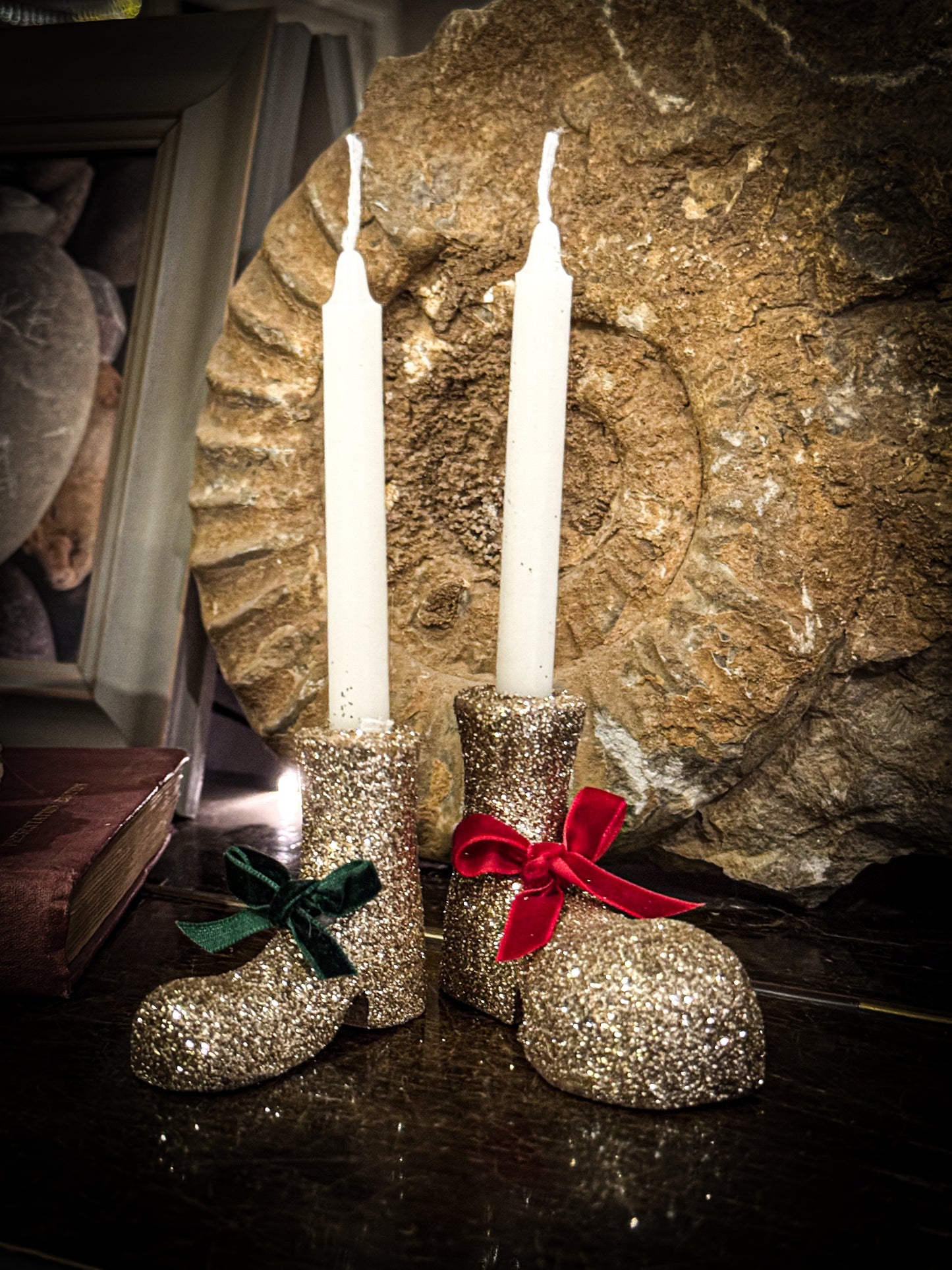 Decorative Candle holder. Glitter covered wooden boot candle holder.