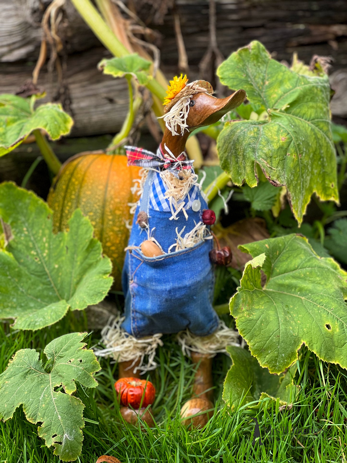 Sally scarecrow Decorated Wooden Duck in Boots by Mrs H the Duck Lady
