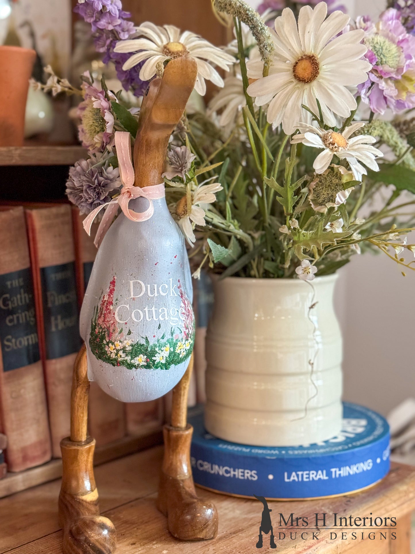Flower meadow garden hand painted Wooden Duck in Boots by Mrs H the Duck Lady. Suitable for outdoor use.