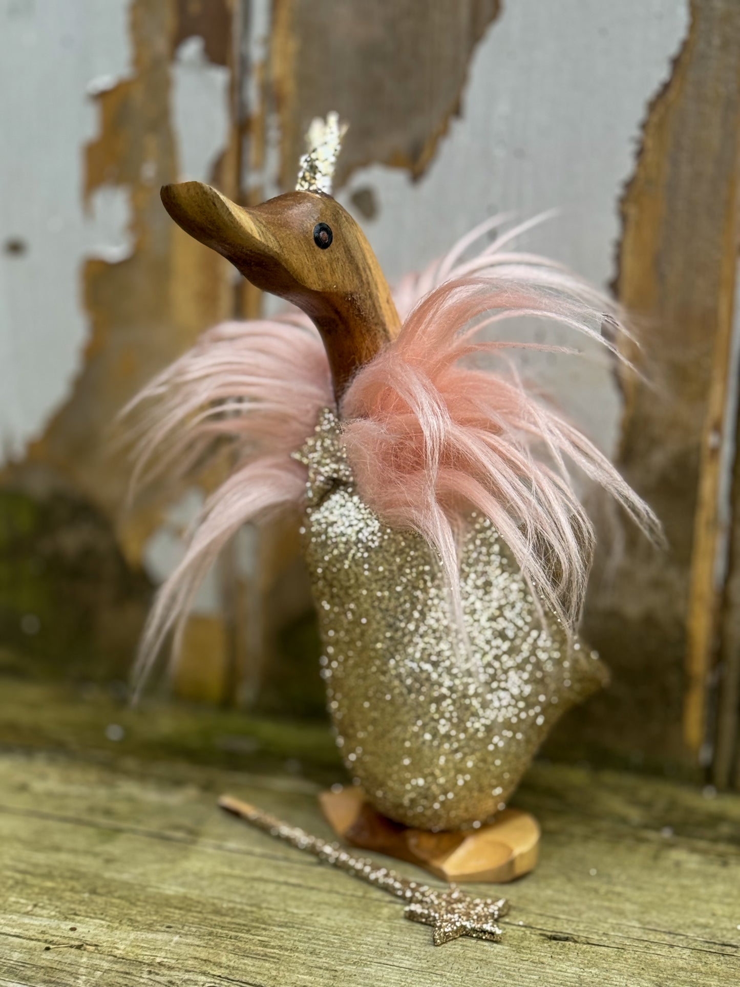 Ella The Gold Glittered, Faux Fur Caped Duck - Decorated Wooden Ducklet by Mrs H the Duck Lady