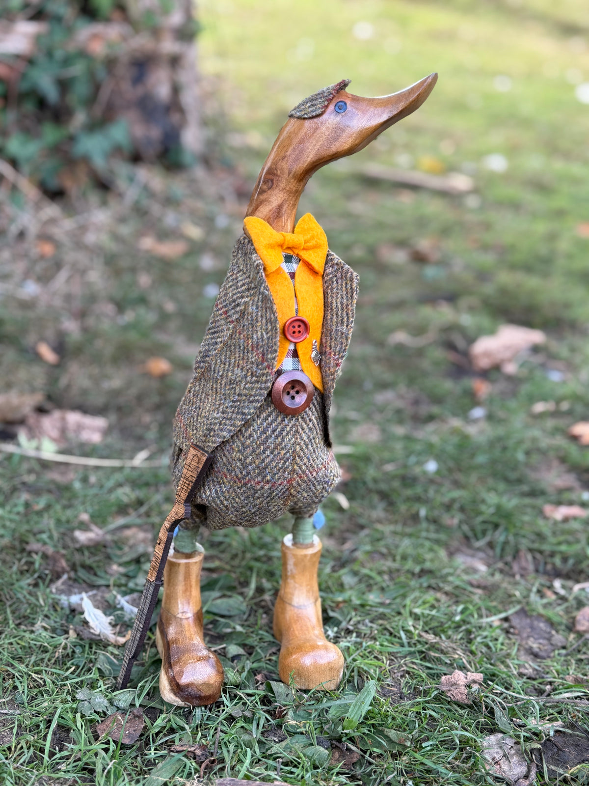 English Country Gent- Decorated Wooden Duck wearing Harris tweed & wellie Boots by Mrs H the Duck Lady