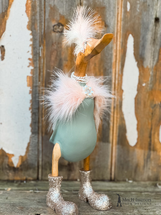 Caped Country Lady in Sage Green - Personalised Decorated Wooden Duck in Boots by Mrs H the Duck Lady