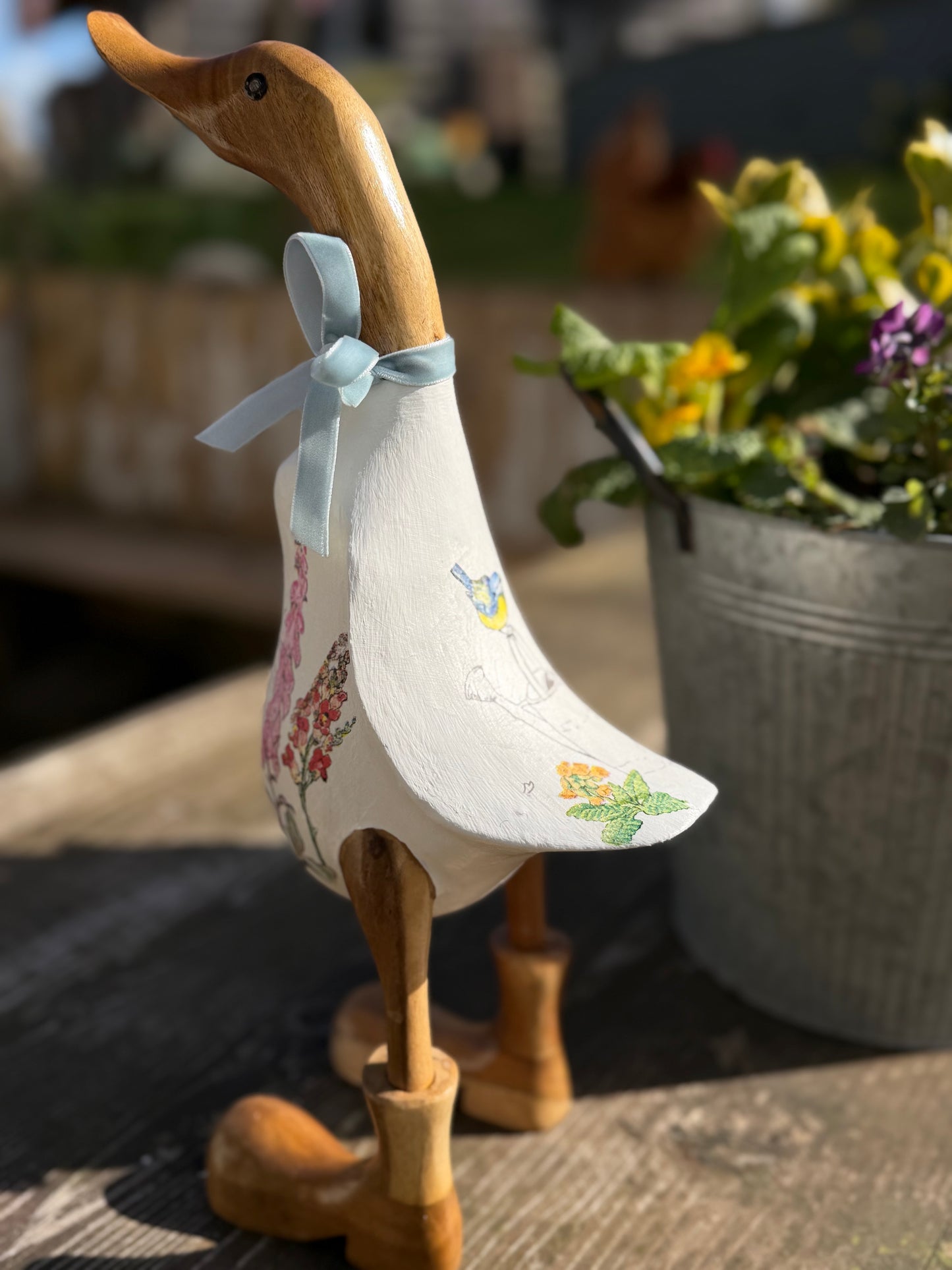 Peter the quintessential British chap, decorated Wooden Duck in Boots by Mrs H the Duck Lady