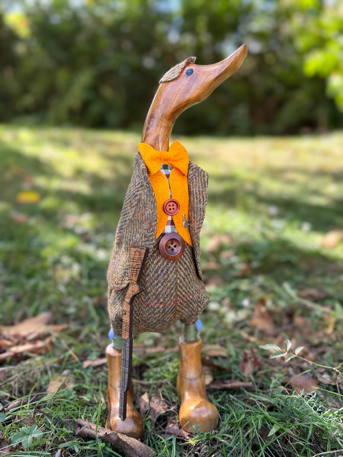 English Country Gent- Decorated Wooden Duck wearing Harris tweed & wellie Boots by Mrs H the Duck Lady