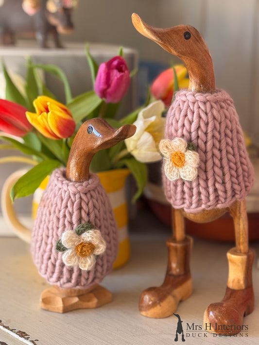 Daisy, the merino wool jumper wearing Wooden Duck in Boots by Mrs H the Duck Lady