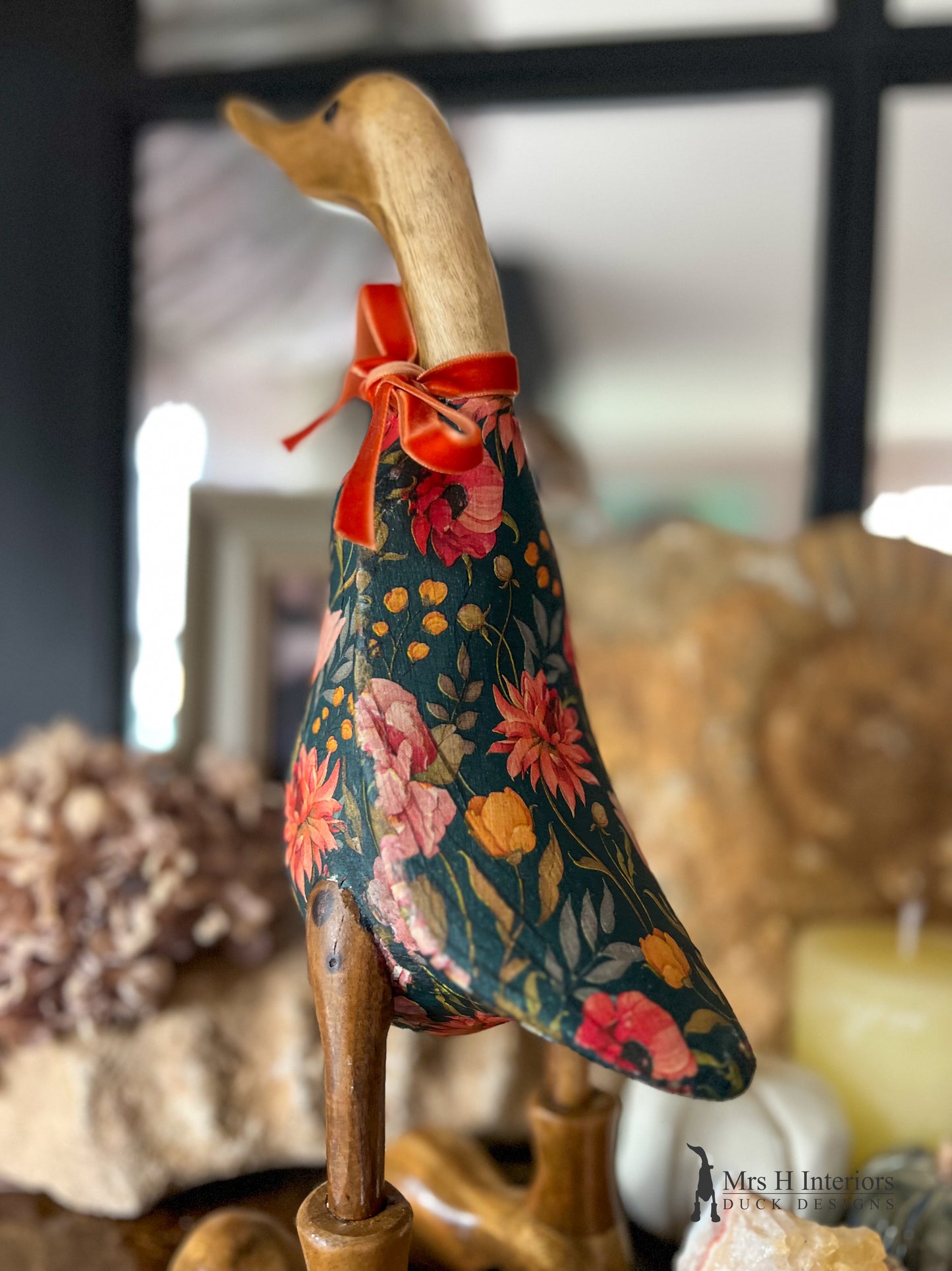 Emmy, the emerald, floral, autumnal Decorated Wooden Duck in Boots by Mrs H the Duck Lady