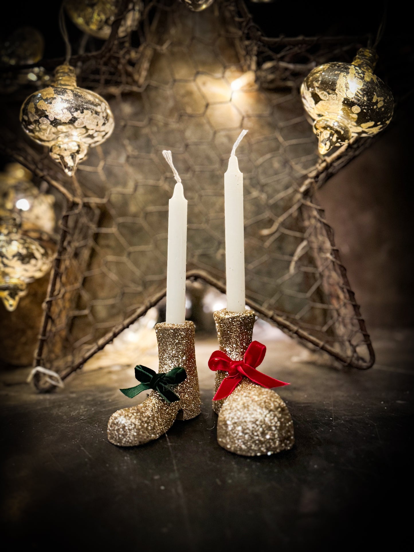 Decorative Candle holder. Glitter covered wooden boot candle holder.