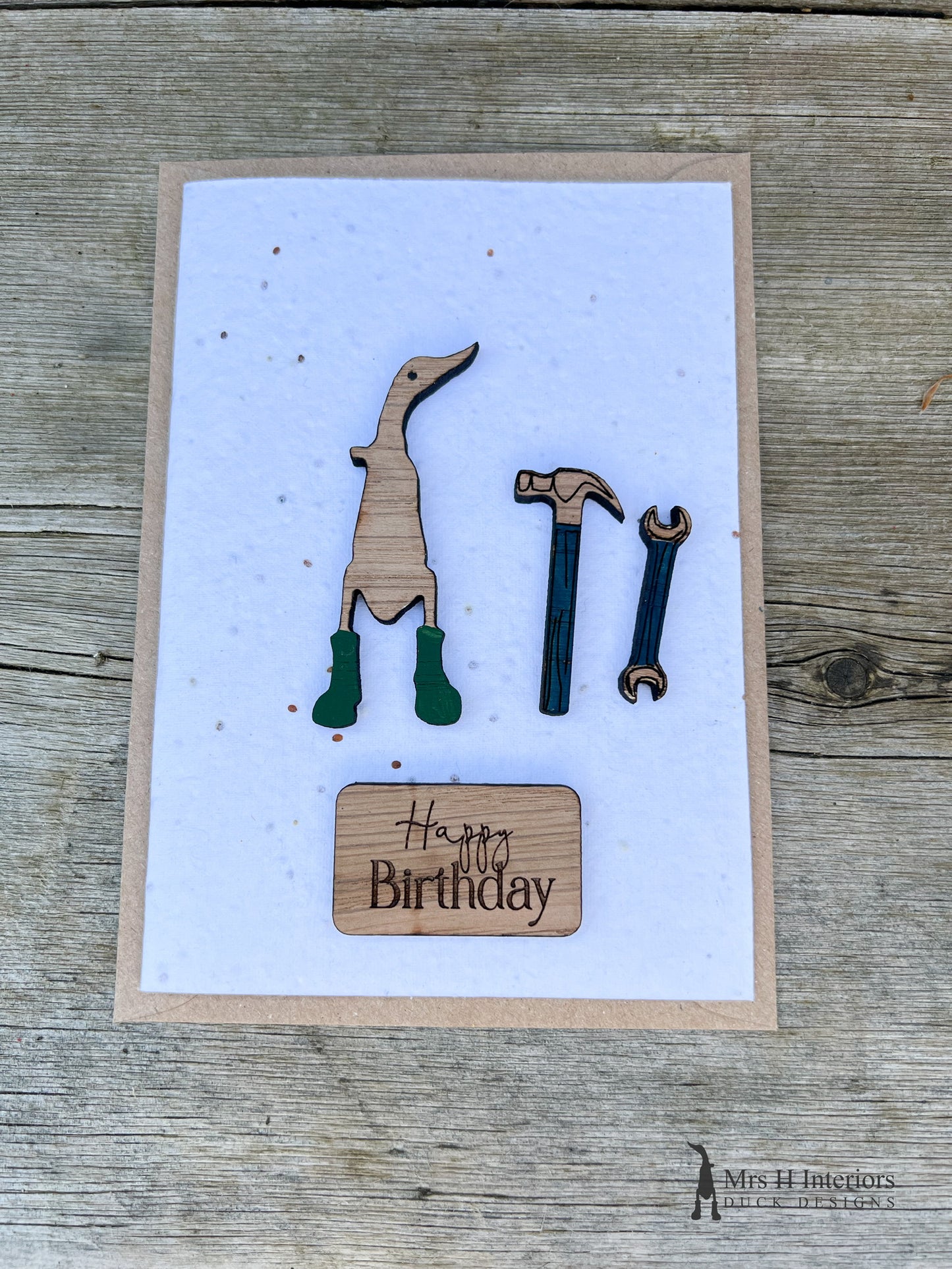 DIY Tools Birthday Card or Father’s Day Card - Handmade Seed Paper Card with Decorated Wooden Duck in Oak by Mrs H the Duck Lady