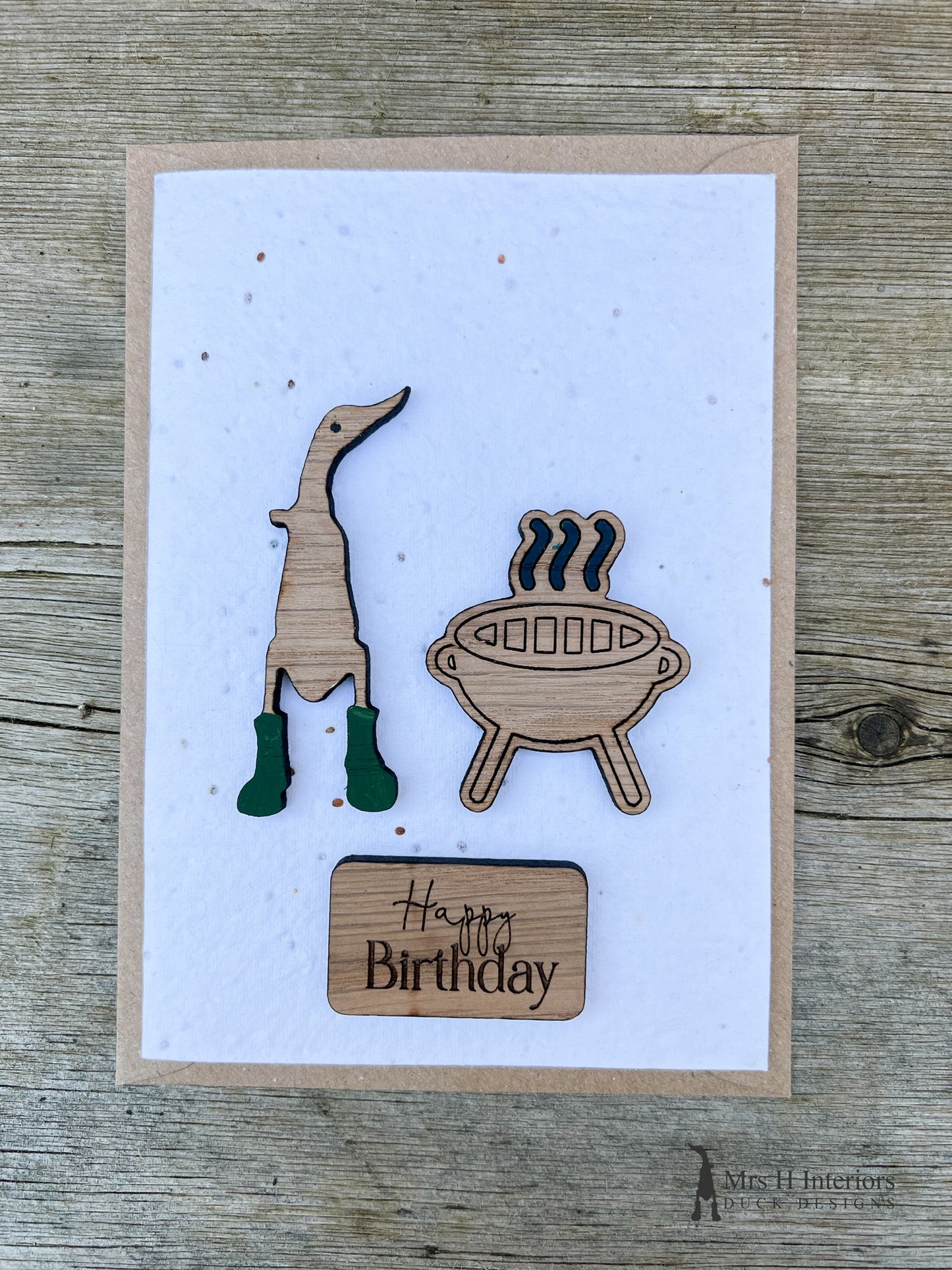 BBQ Birthday Card or Father’s Day Card - Handmade Seed Paper Card with Decorated Wooden Duck in Oak by Mrs H the Duck Lady
