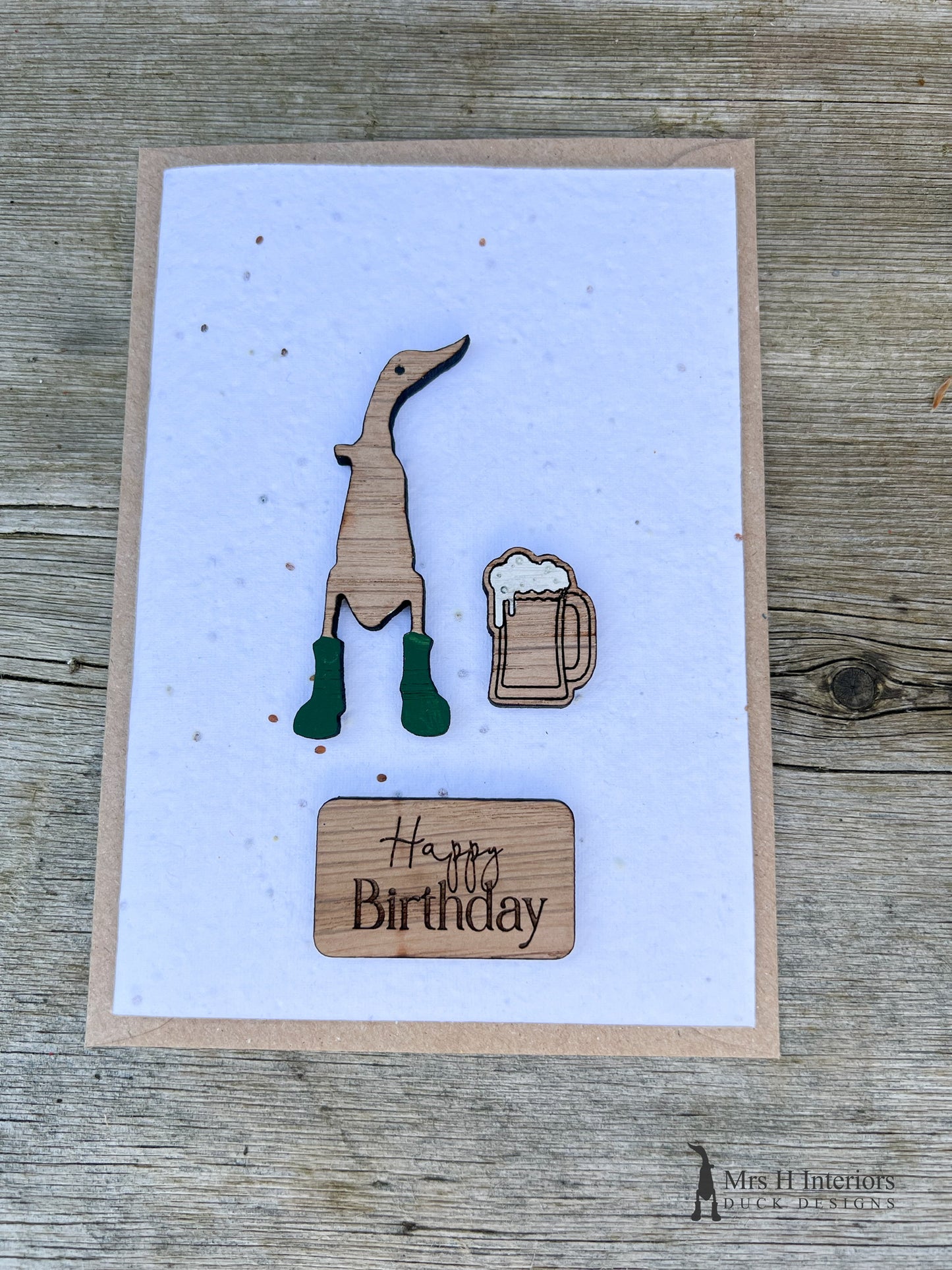 Beer Birthday or Father’s Day Card with Decorated Wooden Duck in Oak by Mrs H the Duck Lady