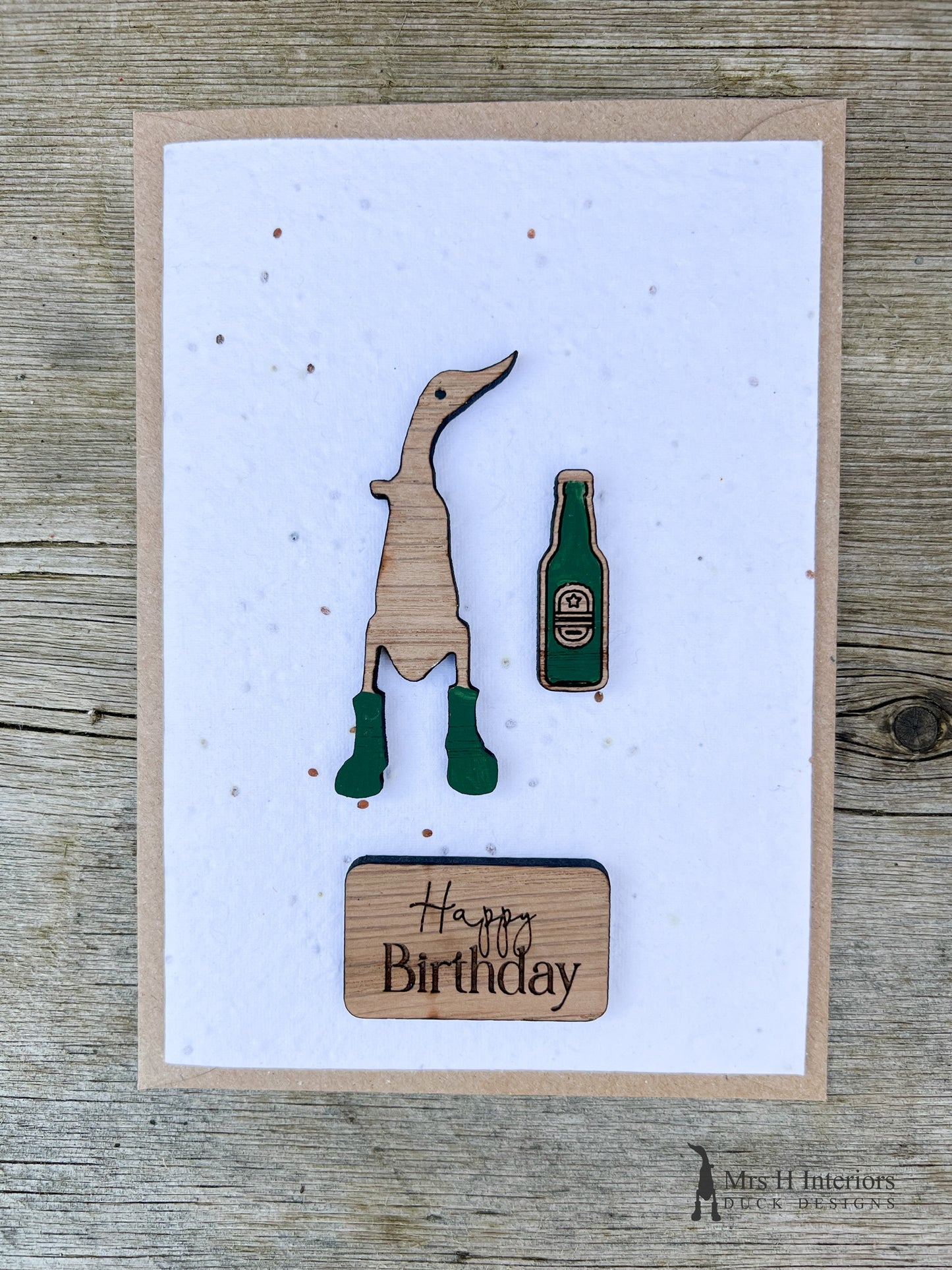 Beer Birthday or Father’s Day Card with Decorated Wooden Duck in Oak by Mrs H the Duck Lady