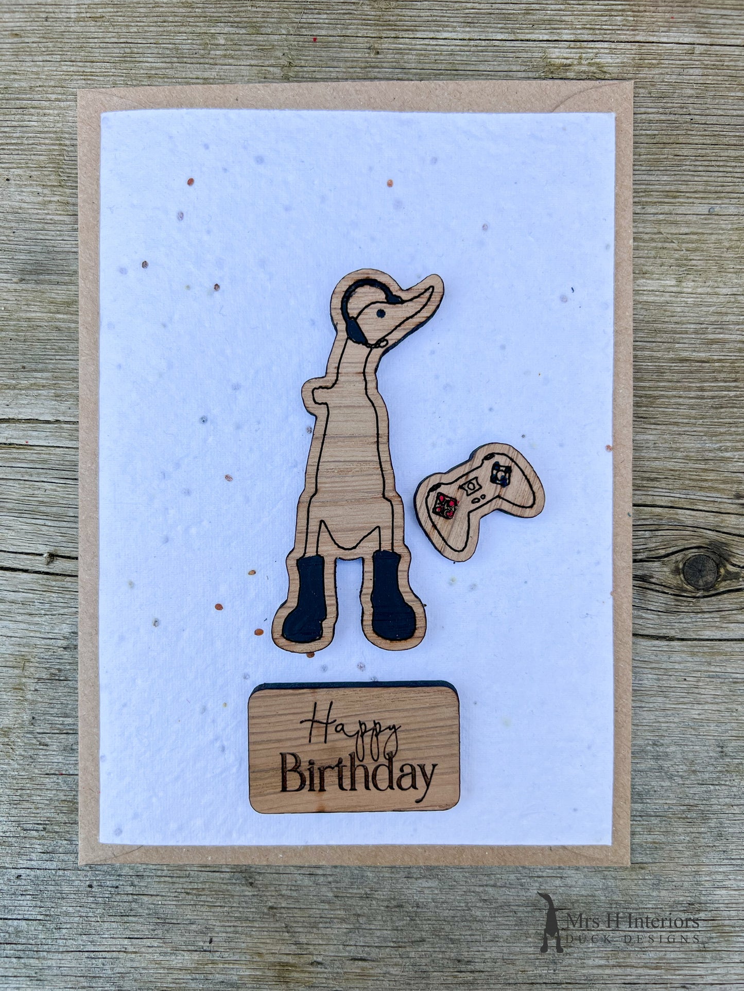Gaming Duck - Birthday or Father’s Day Card - Decorated Wooden Duck in Boots by Mrs H the Duck Lady