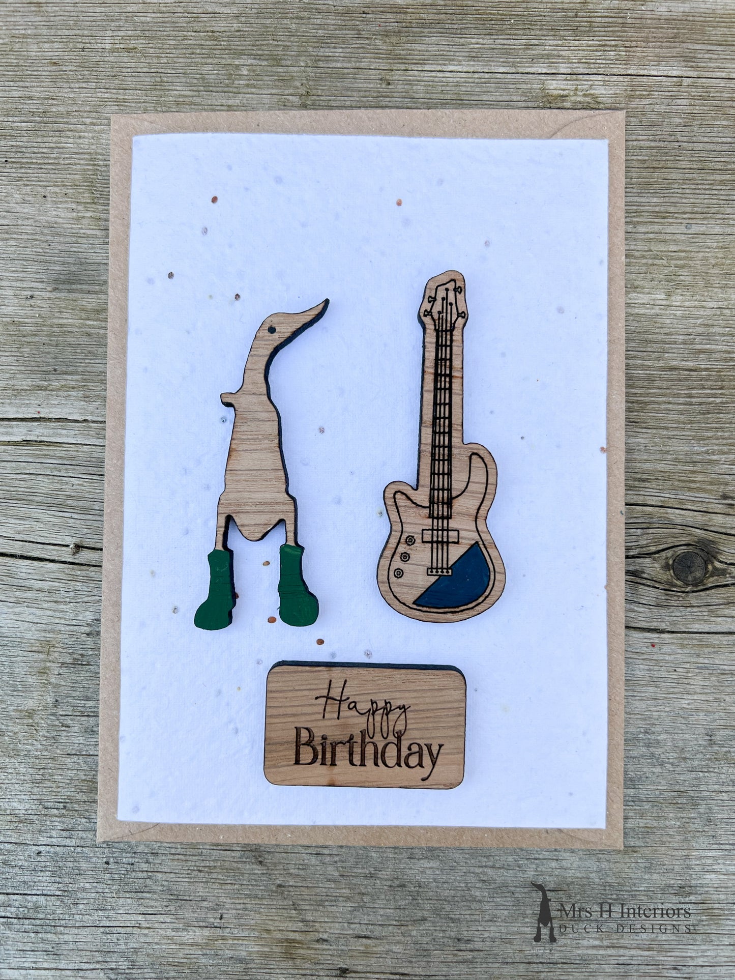 Guitar Birthday Card or Father’s Day Card - Handmade Seed Paper Card with Decorated Wooden Duck in Oak by Mrs H the Duck Lady