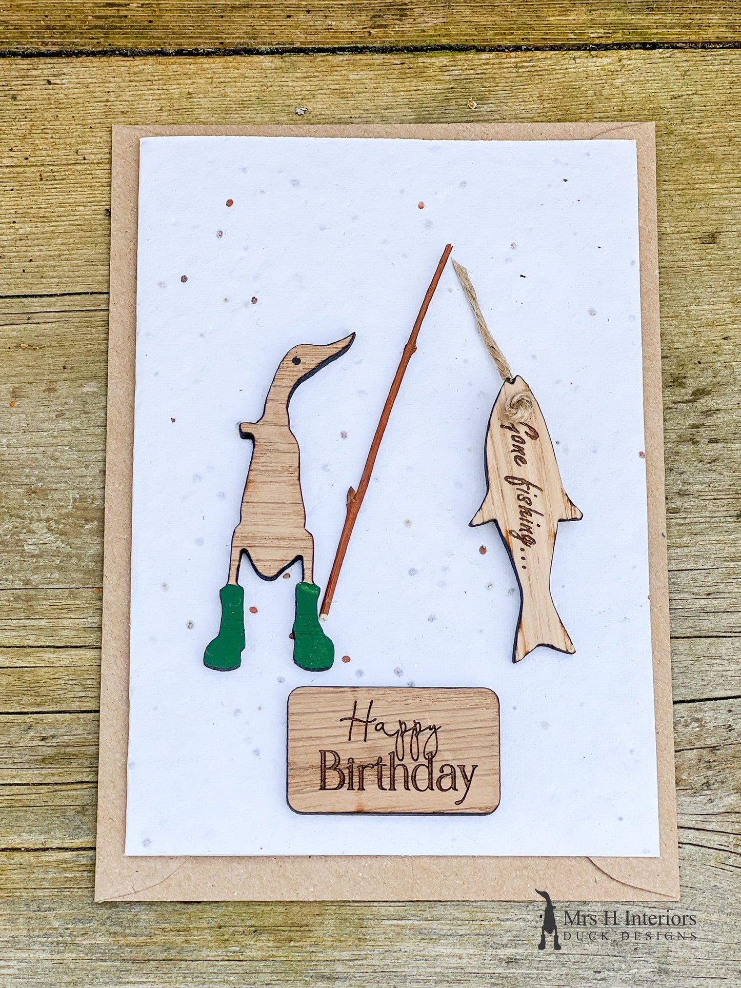 Fishing - Birthday or Father’s Day Greetings Card - Decorated Wooden Duck in Boots by Mrs H the Duck Lady