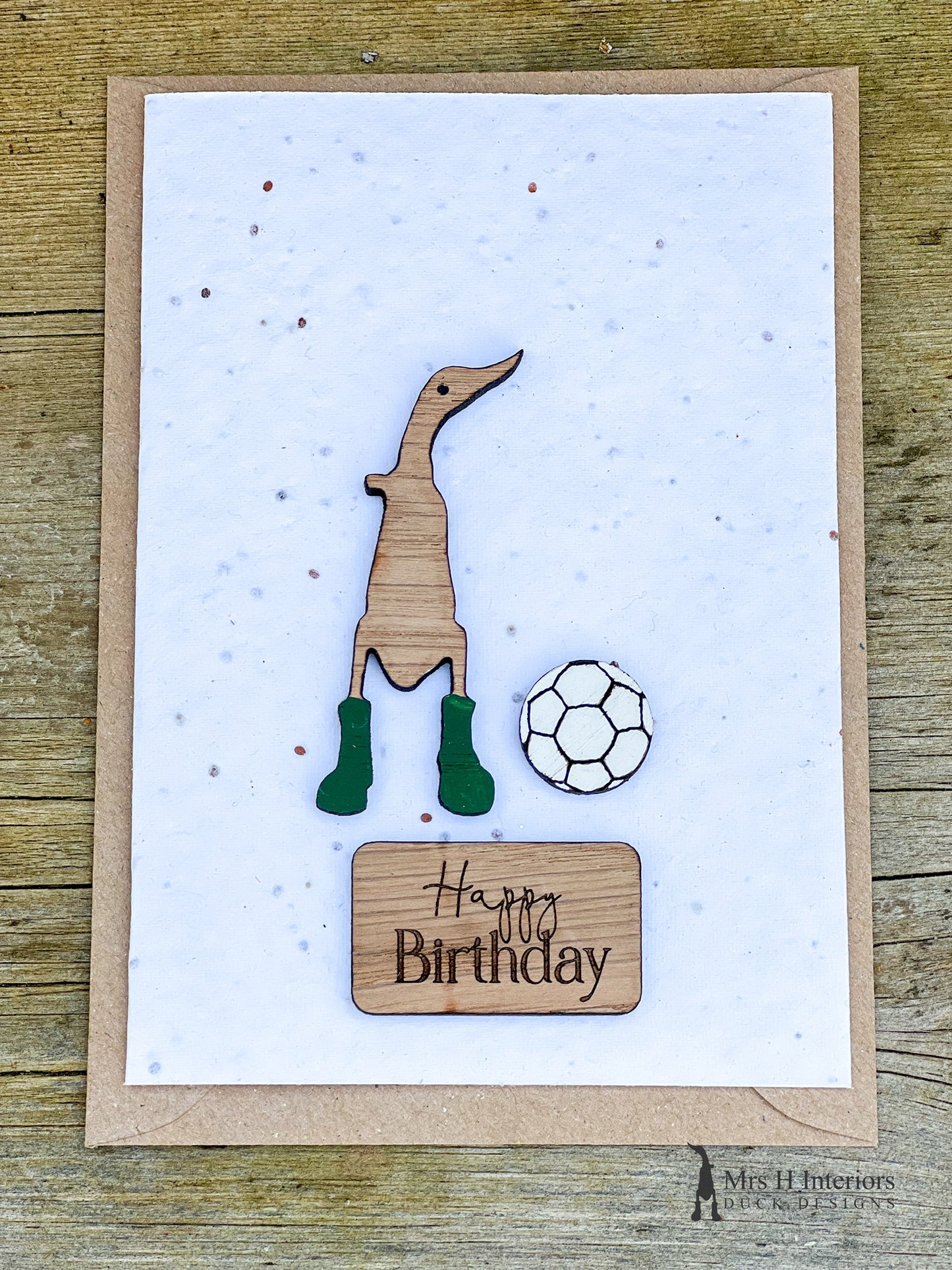 Football Birthday Card or Father’s Day Card - Handmade A6 Seed Paper Card with Decorated Wooden Duck in Oak by Mrs H the Duck Lady