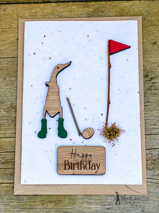 Golf - Birthday or Father’s Day Card - Decorated Wooden Duck in Boots by Mrs H the Duck Lady