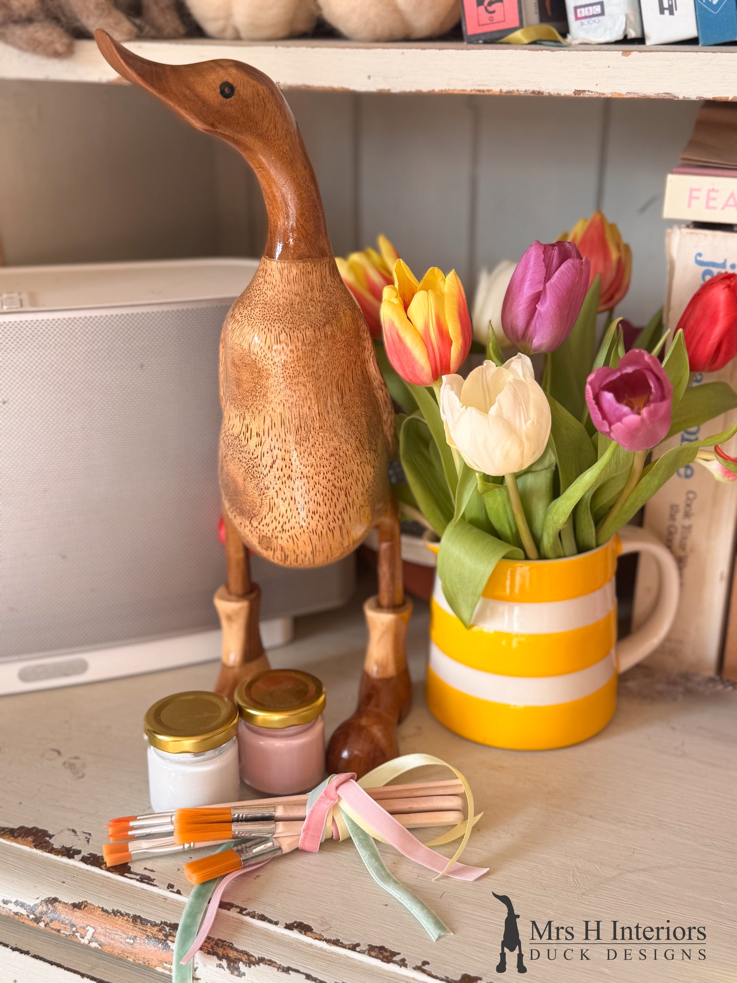 The gift of time, painting craft kit. Duck - Decorated Wooden Duck in Boots by Mrs H the Duck Lady