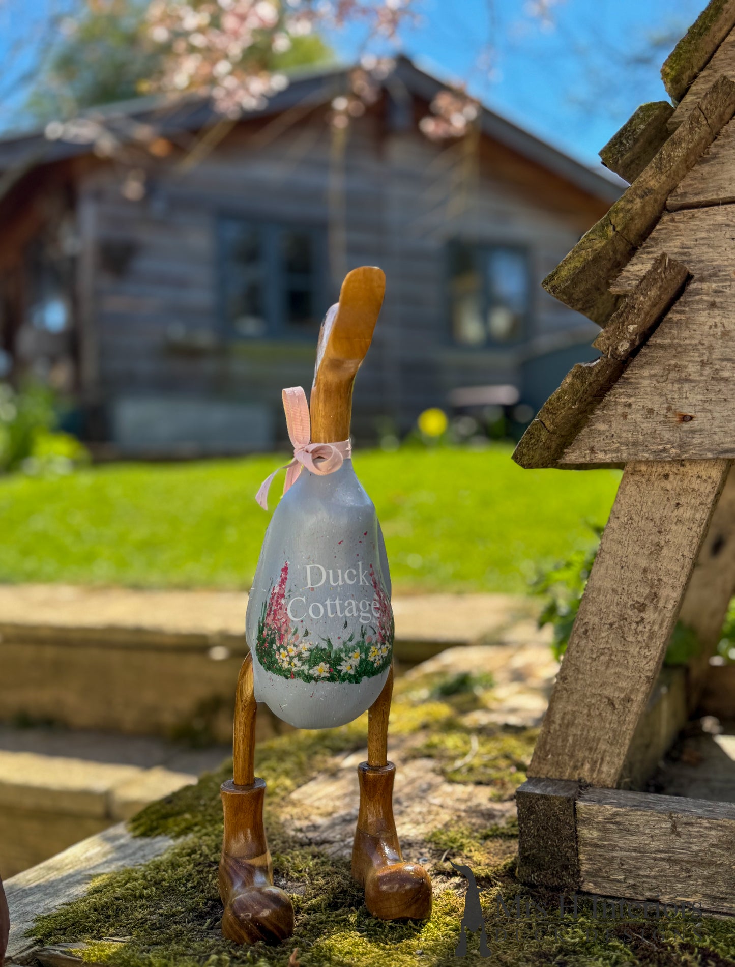 Flower meadow garden hand painted Wooden Duck in Boots by Mrs H the Duck Lady. Suitable for outdoor use.